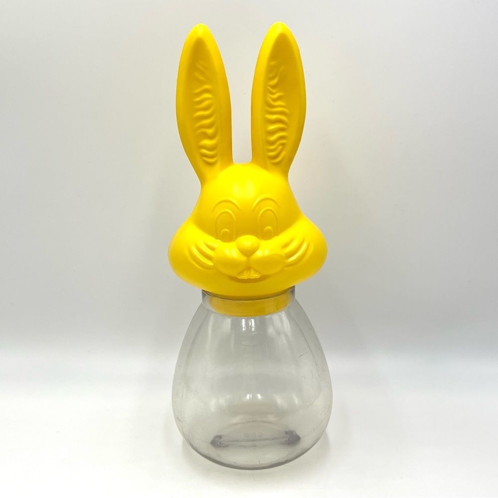 Vintage 70s Bromar Yellow Clear Easter Bunny Blow Mold Candy Holder Piggy Bank